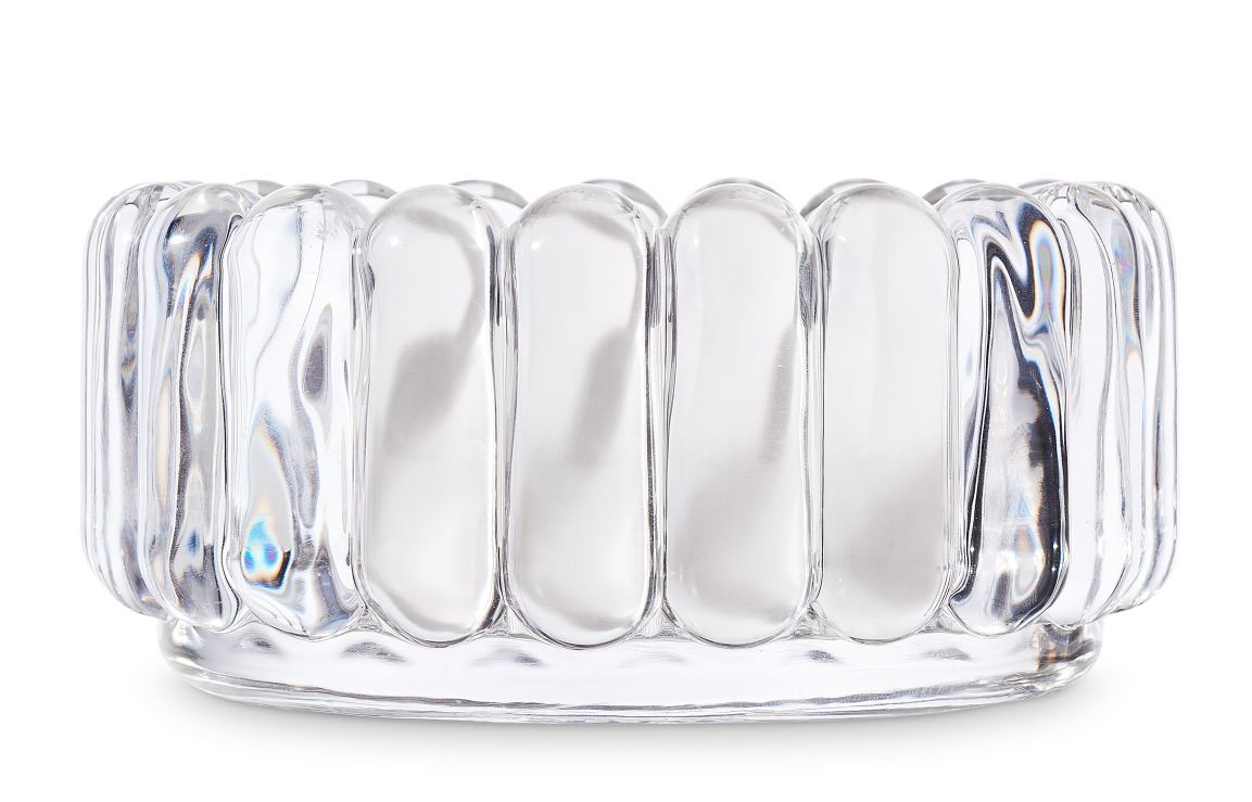 Transparente Press Schale von Tom Dixon, kleine dekorative Glasschale für Tischdekoration und Aufbewahrung.